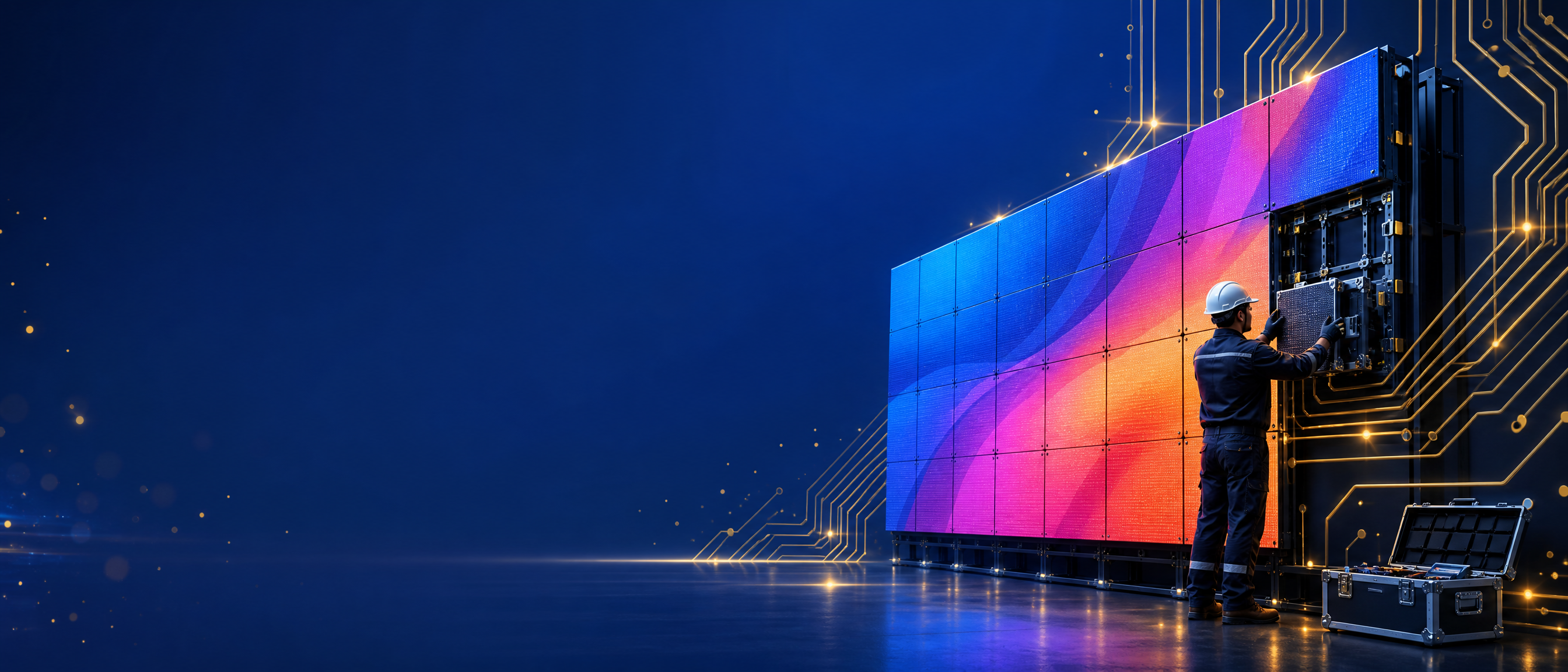 Ingeniero certificado trabajando en una pantalla LED gigante