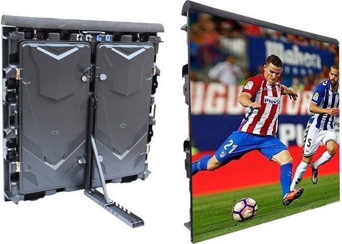 Stadium perimeter LED cabinet with support frame for sideline advertising and sports event visibility