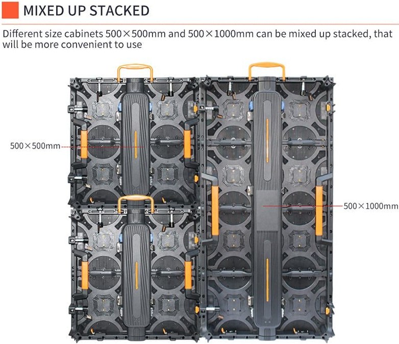 Mixed 500 by 500 and 500 by 1000 quick-lock rental LED cabinets